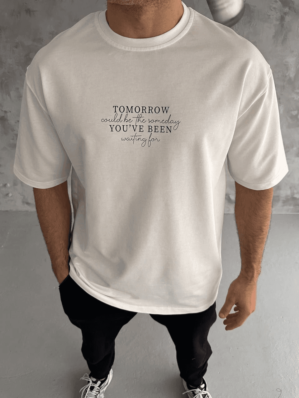 Erkek Kısa Kol Yazlık Tişört Bisiklet Yaka Baskılı Oversize T-Shirt - Beyaz