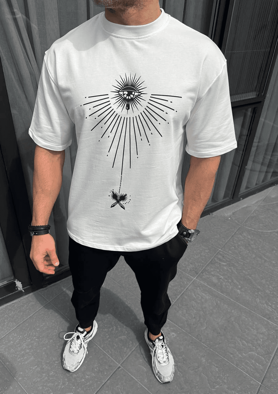 Erkek Kısa Kol Tişört Bisiklet Yaka GÜL Baskılı Oversize T-Shirt - Beyaz — görsel 1 / 3