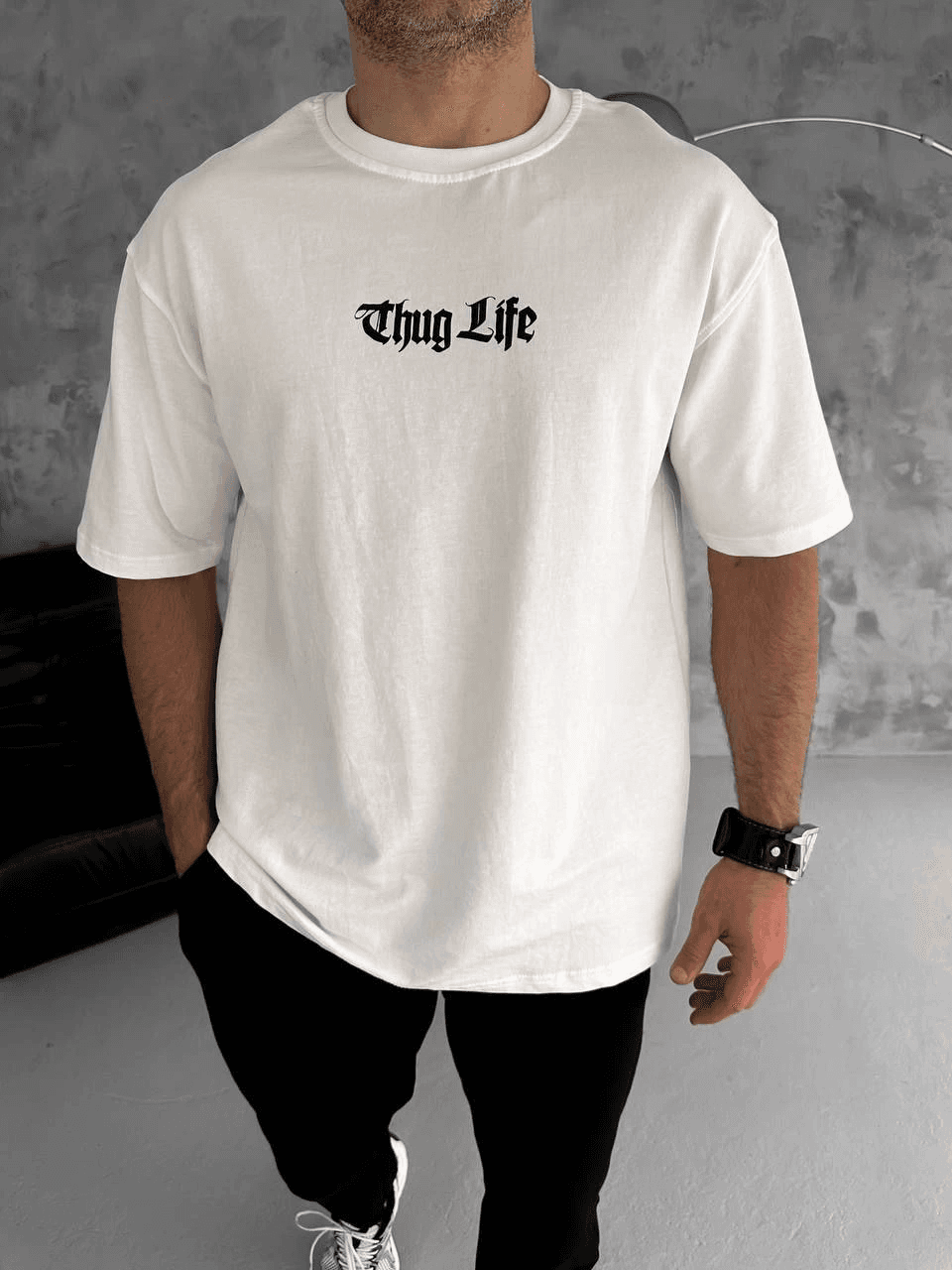 Erkek Kısa Kol Yazlık Tişört Bisiklet Yaka Baskılı Oversize T-Shirt - Beyaz — görsel 1 / 2