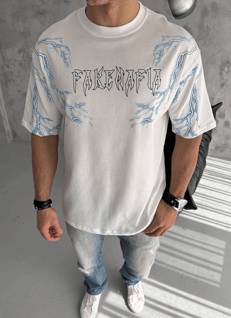 Erkek Bisiklet Yaka Yıldırım Baskılı Kısa kol T-Shirt - Beyaz