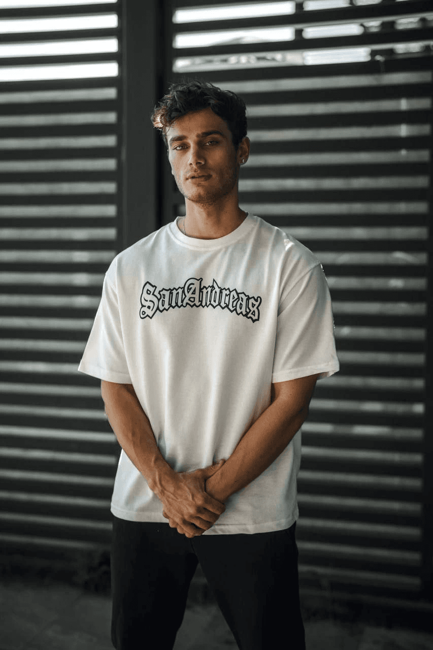 Erkek Kısa Kol Yazlık Tişört Bisiklet Yaka Baskılı Oversize T-Shirt - Beyaz