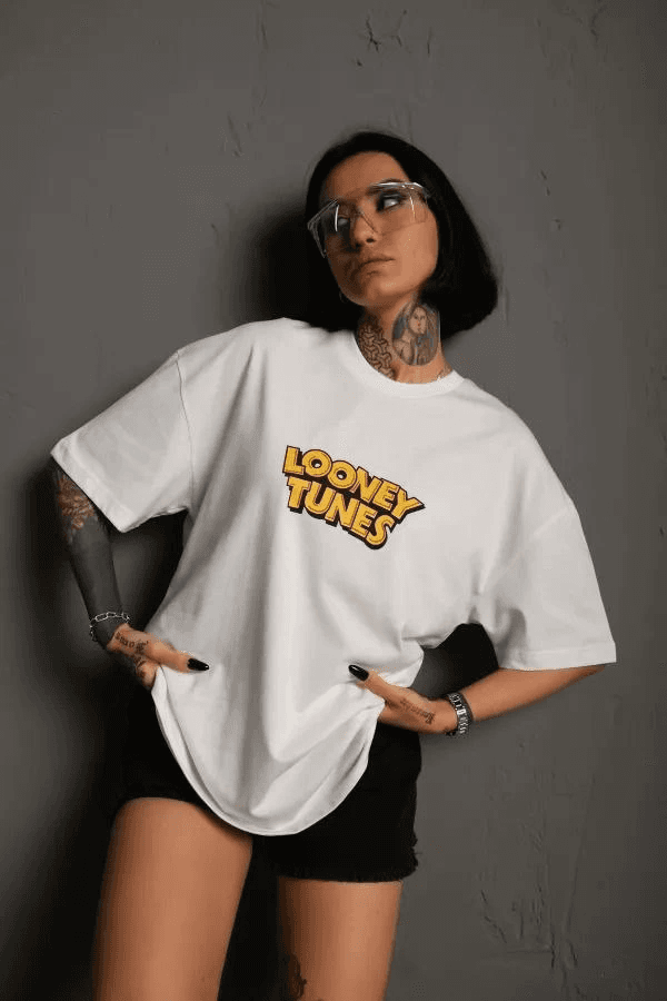 kadın Bisiklet Yaka Baskılı Oversize Kısa kol T-Shirt - Beyaz
