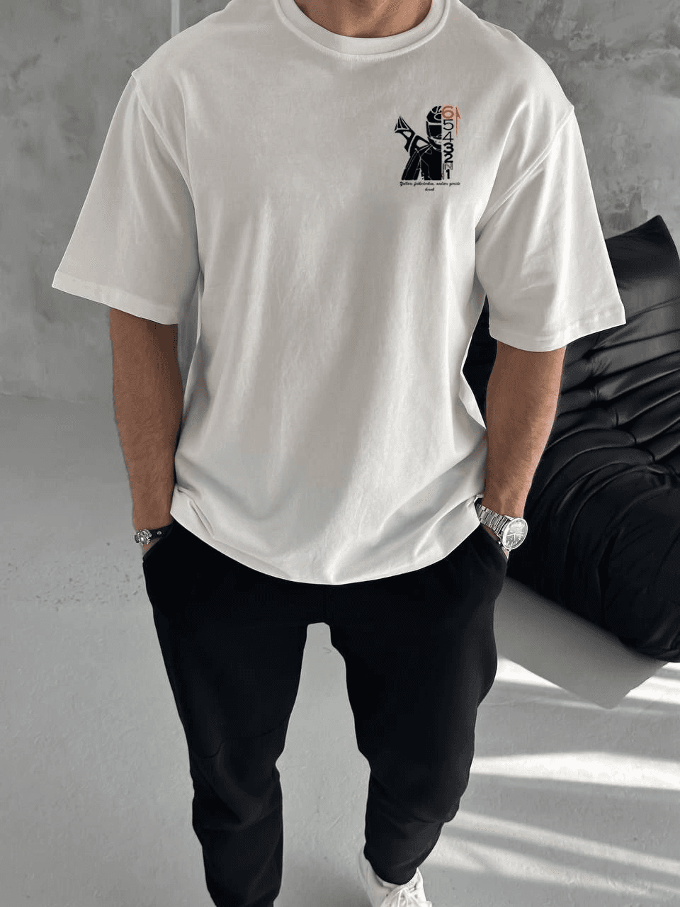 Erkek Kısa Kol Yazlık Tişört Bisiklet Yaka Baskılı Oversize T-Shirt - Beyaz