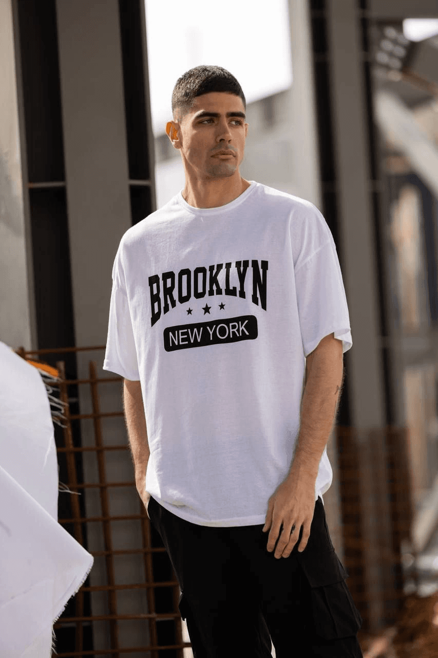 Erkek Kısa Kol Yazlık Tişört Bisiklet Yaka Baskılı Oversize T-Shirt - Beyaz — görsel 1 / 4
