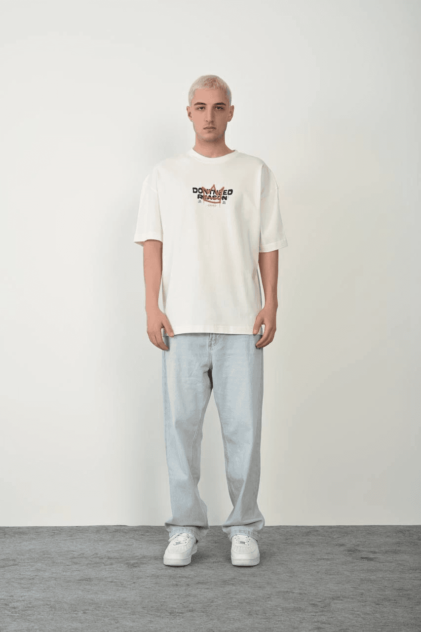 Erkek Kısa Kol Yazlık Tişört Bisiklet Yaka Baskılı Oversize T-Shirt - Beyaz — görsel 1 / 3