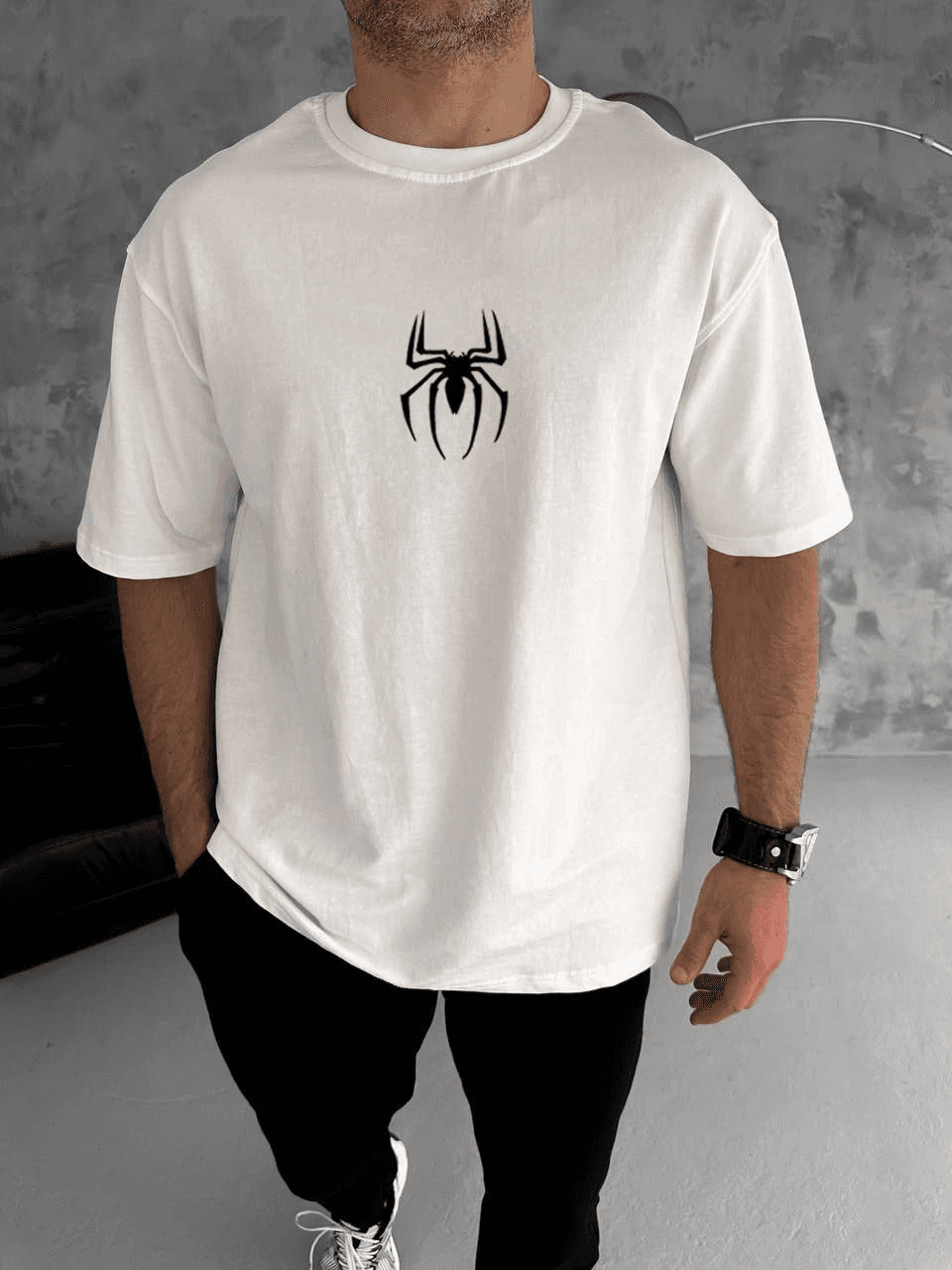 Erkek Kısa Kol Tişört Bisiklet Yaka ÖRÜMCEK Baskılı Oversize T-Shirt - Beyaz — görsel 1 / 2
