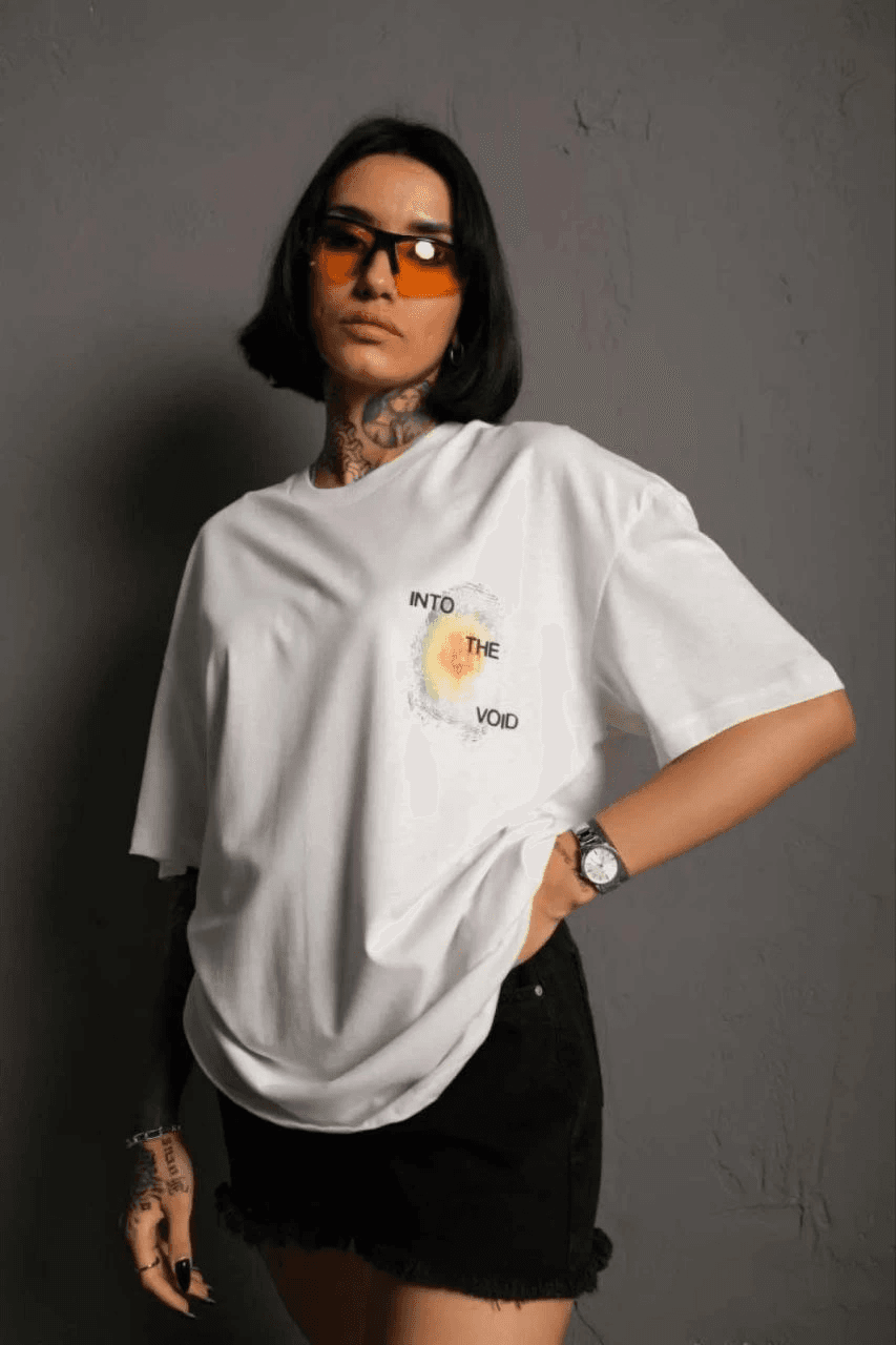 kadın Bisiklet Yaka Baskılı Oversize Kısa kol T-Shirt - Beyaz — görsel 1 / 3