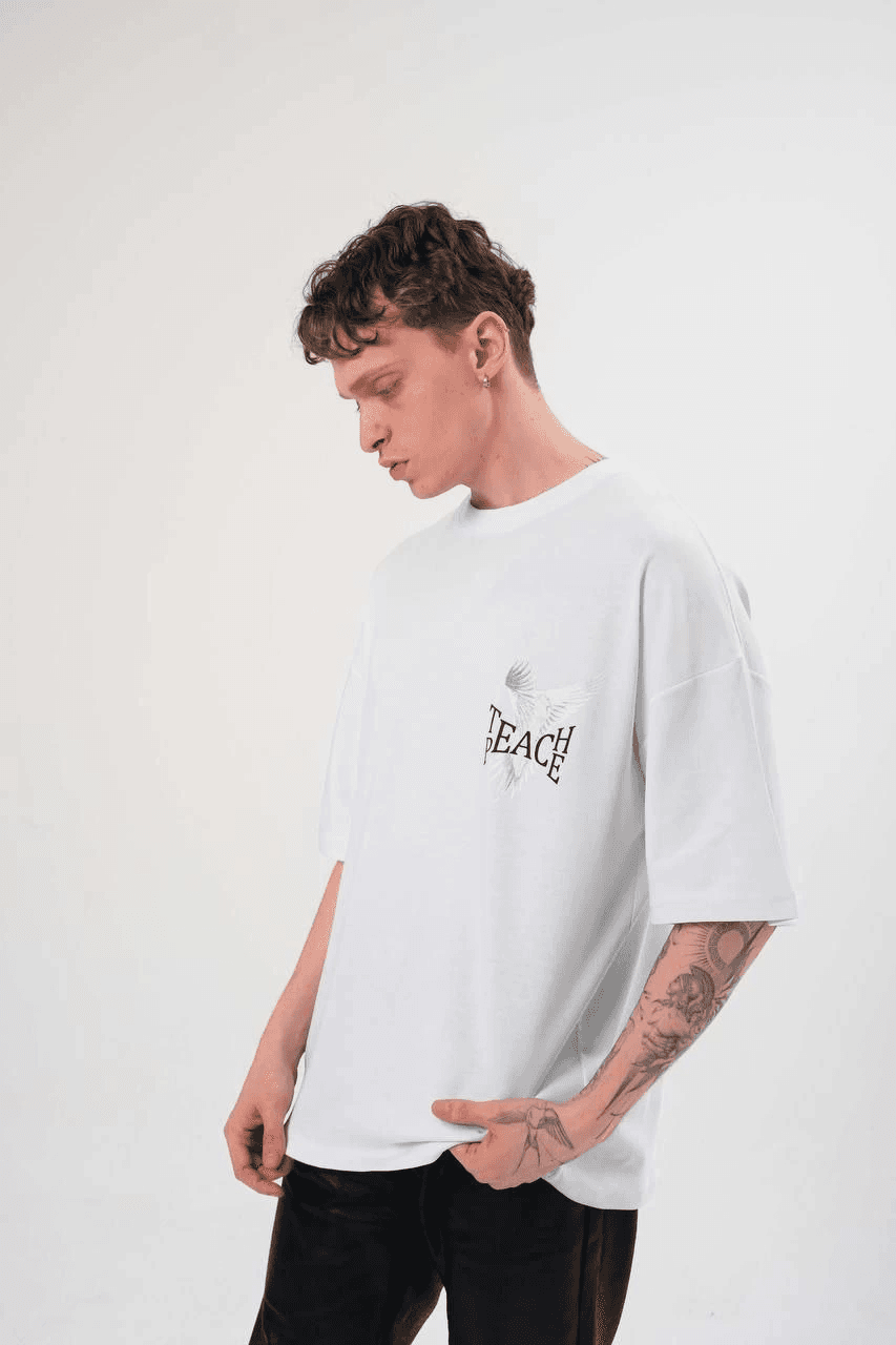 Erkek Kısa Kol Yazlık Tişört Bisiklet Yaka Baskılı Oversize T-Shirt - Beyaz — görsel 1 / 2