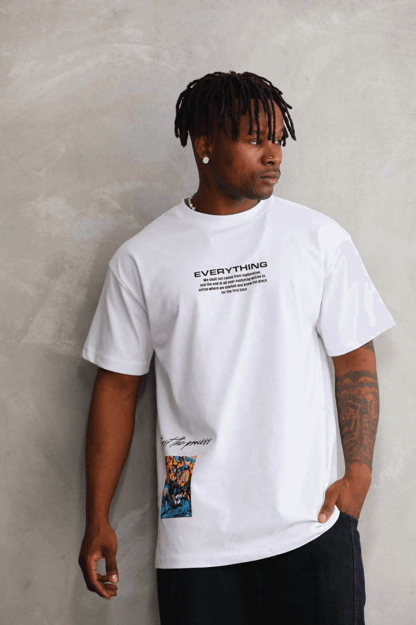 Erkek Bisiklet Yaka Baskılı Oversize T-Shirt - Beyaz — görsel 1 / 7