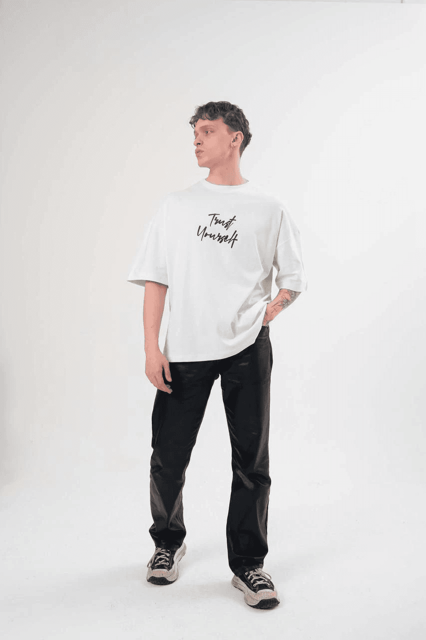 Erkek Kısa Kol Yazlık Tişört Bisiklet Yaka Baskılı Oversize T-Shirt - Beyaz