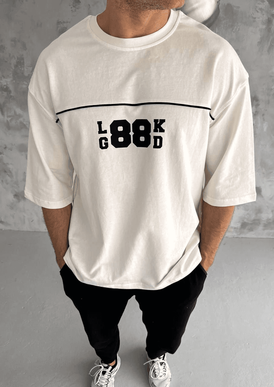 Erkek Kısa Kol Yazlık Tişört Bisiklet Yaka Baskılı Oversize T-Shirt - Beyaz — görsel 1 / 2