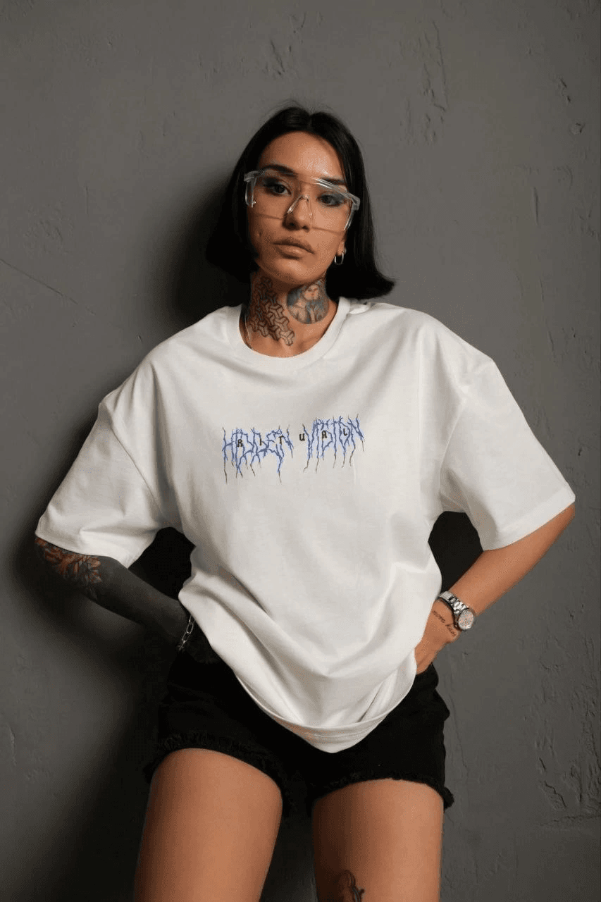 kadın Bisiklet Yaka Baskılı Oversize Kısa kol T-Shirt - Beyaz