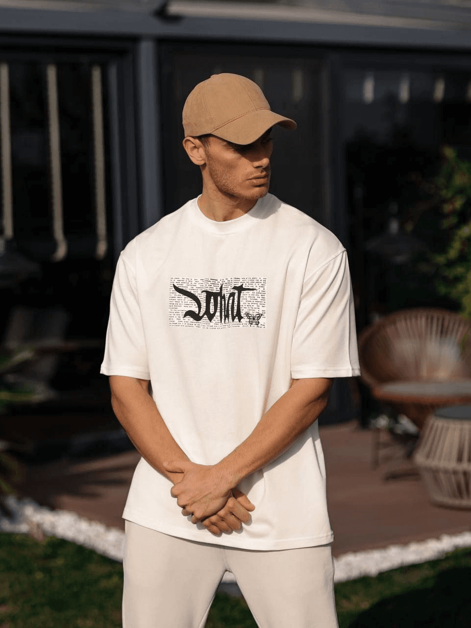 Erkek Kısa Kol Yazlık Tişört Bisiklet Yaka Baskılı Oversize T-Shirt - Beyaz