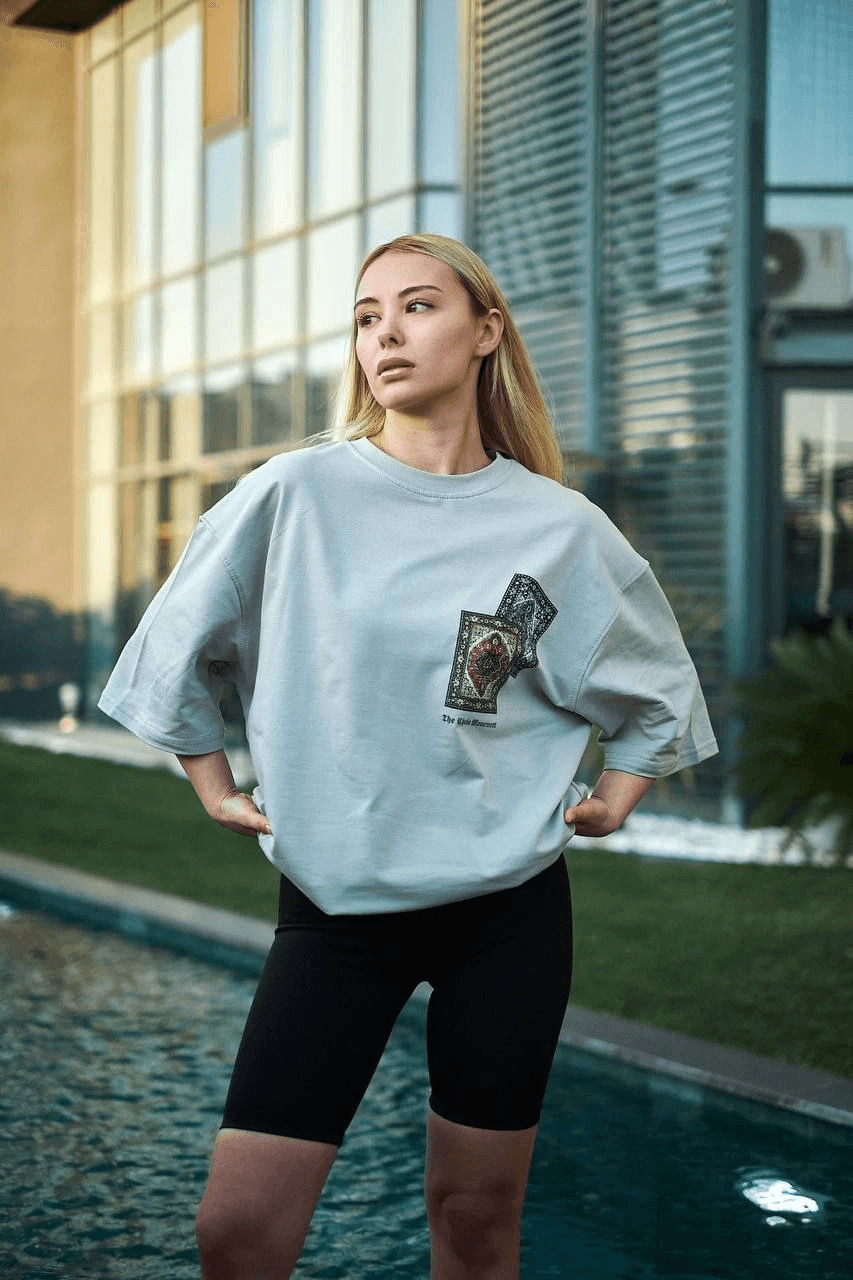 kadın Bisiklet Yaka Baskılı Kısa kol Oversize T-Shirt - Boyalı Gri