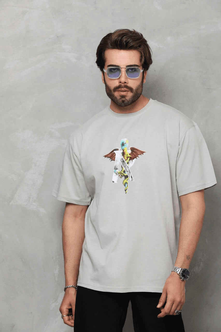 Erkek Baskılı T-Shirt Kısa Kol Bisiklet Yaka Regular Fit Rahat Kalıp Tişört - Gri