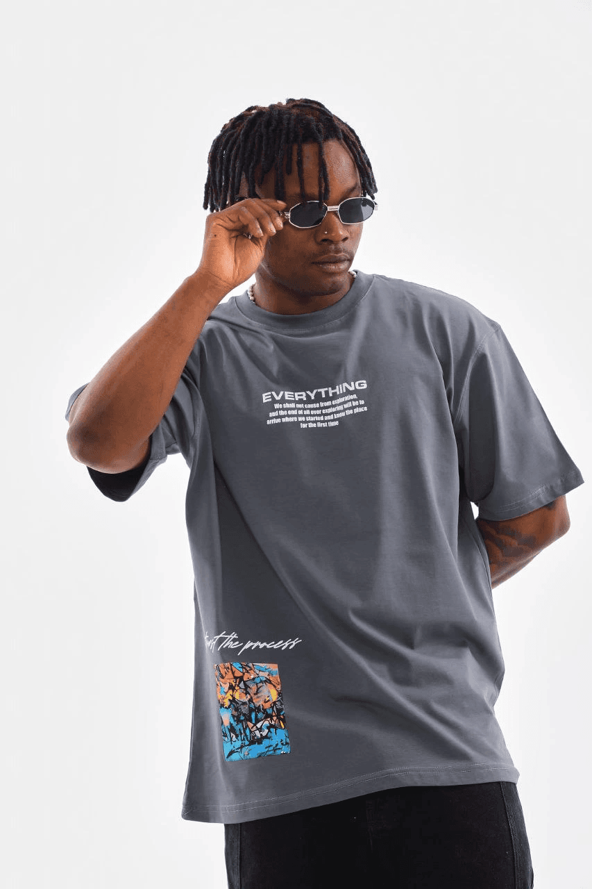 Erkek Tişort Bisiklet Yaka Baskılı Oversize T-Shirt - Gri — görsel 1 / 8