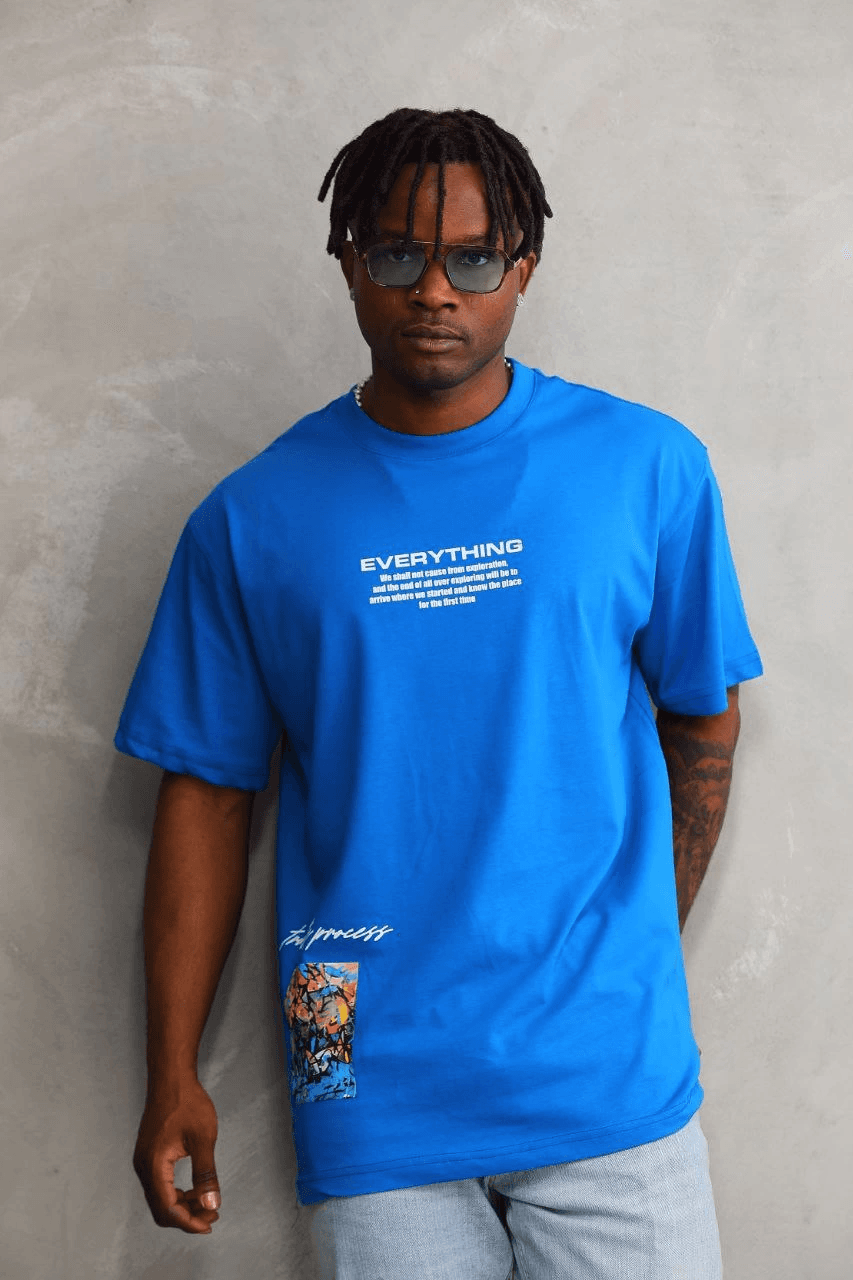 Erkek Bisiklet Yaka Baskılı Oversize T-Shirt - Mavi — görsel 1 / 8