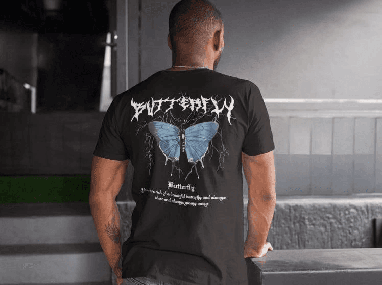 Erkek Tişort Bisiklet Yaka Kelebek Baskılı Kısa kol T-Shirt - Siyah