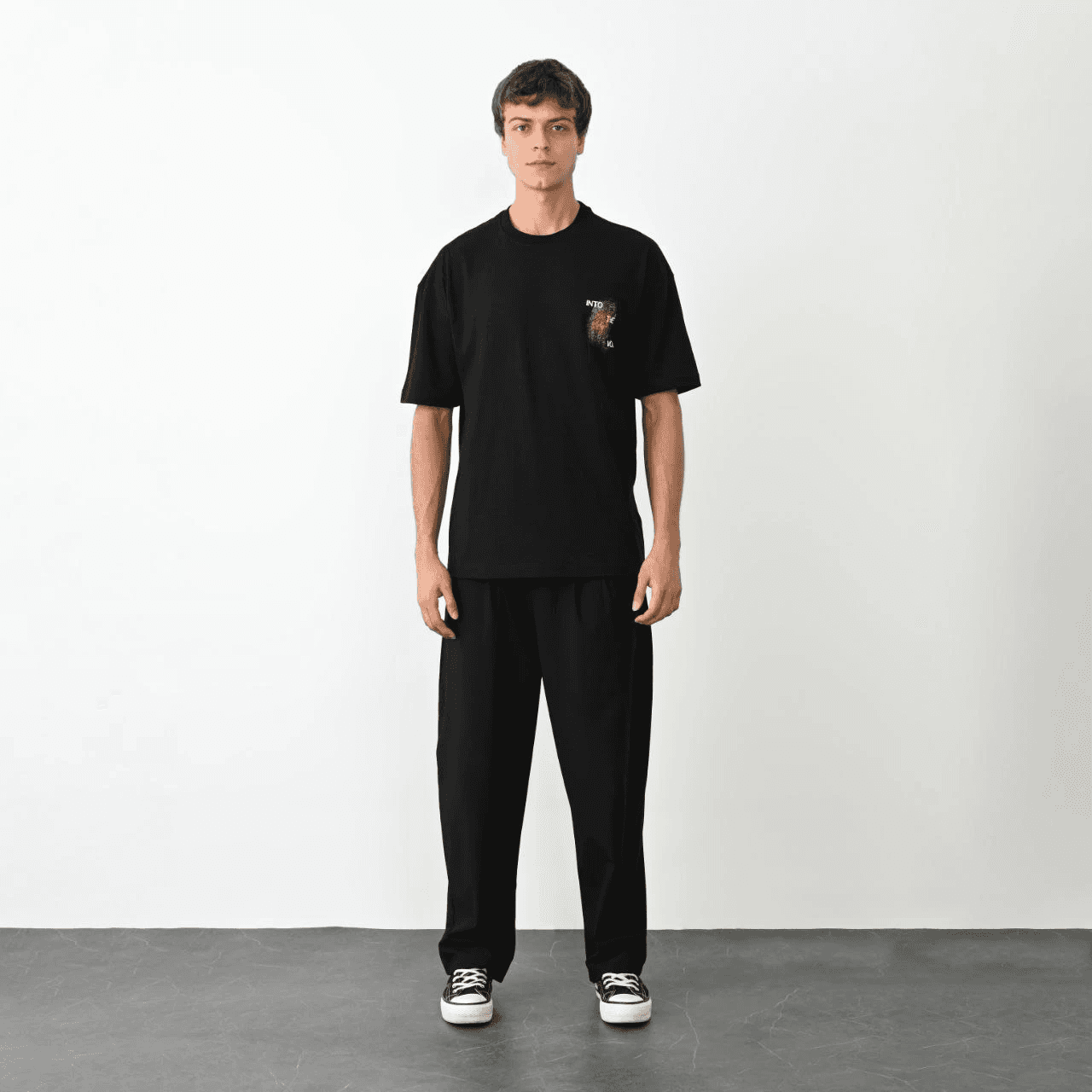 Erkek Kısa Kol Yazlık Tişört Bisiklet Yaka Baskılı Oversize T-Shirt - Siyah — görsel 1 / 6