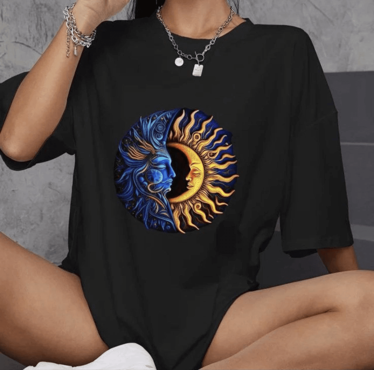Kadın Baskılı T-Shirt Kısa Kol Bisiklet Yaka Oversize Rahat Kalıp Günlük Tişört - Siyah