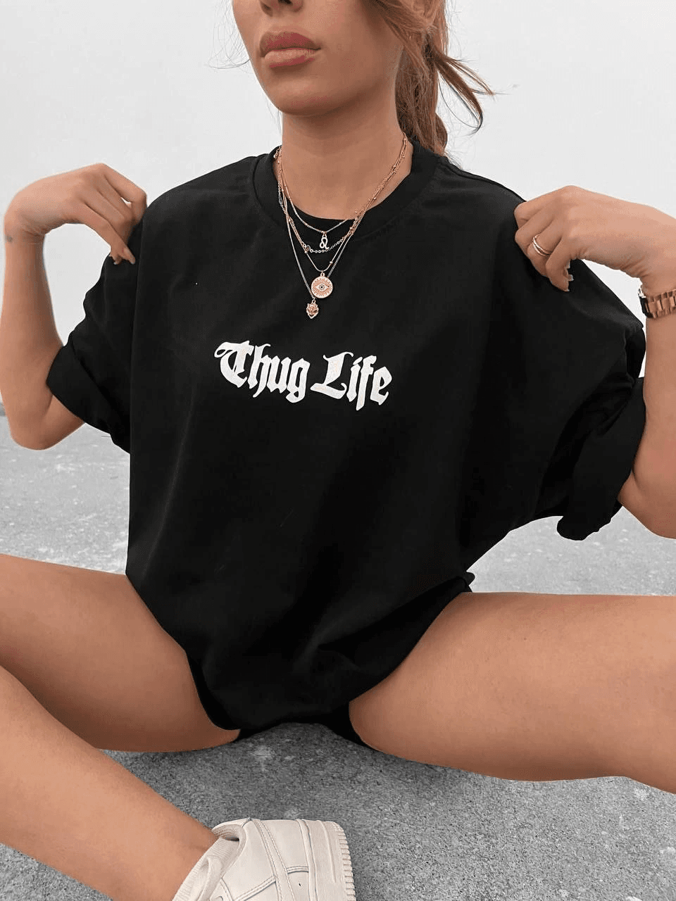 Kadın Bisiklet Yaka Baskılı Oversize Kısa kol T-Shirt - Siyah