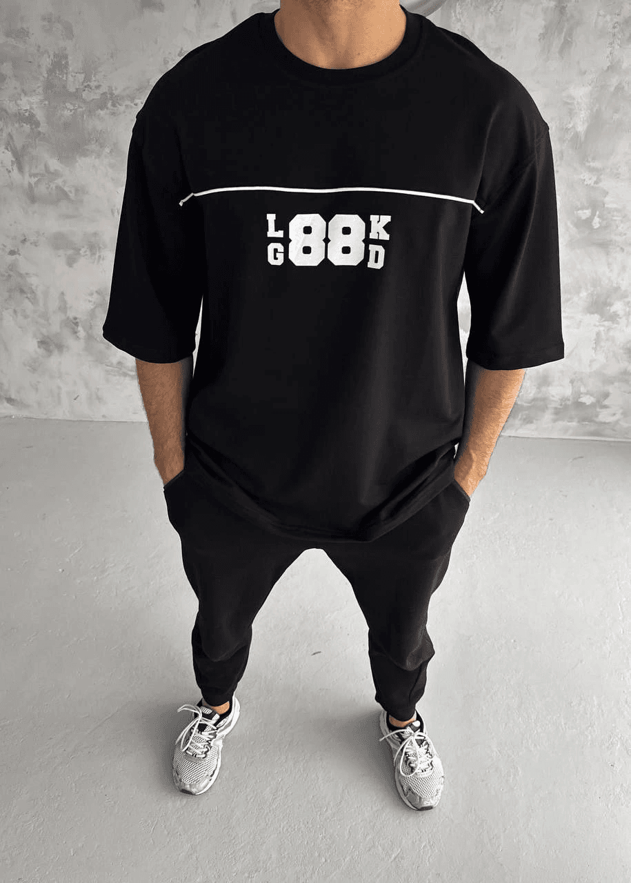 Erkek Kısa Kol Yazlık Tişört Bisiklet Yaka Baskılı Oversize T-Shirt - Siyah — görsel 1 / 2