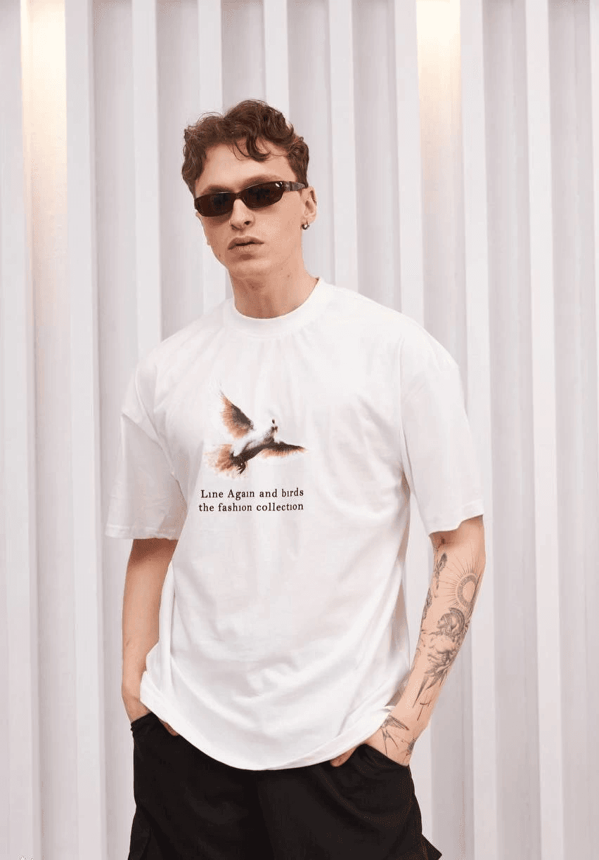 Erkek Kısa Kol Yazlık Tişört Bisiklet Yaka Baskılı Oversize T-Shirt - Siyah