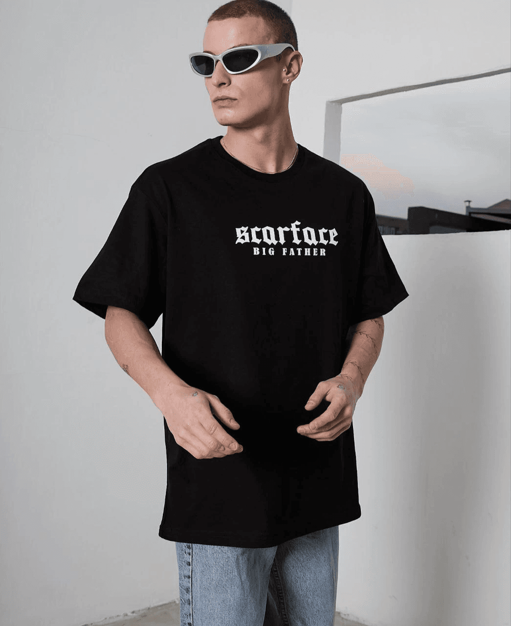 Erkek Kısa Kol Yazlık Tişört Bisiklet Yaka Baskılı Oversize T-Shirt - Siyah