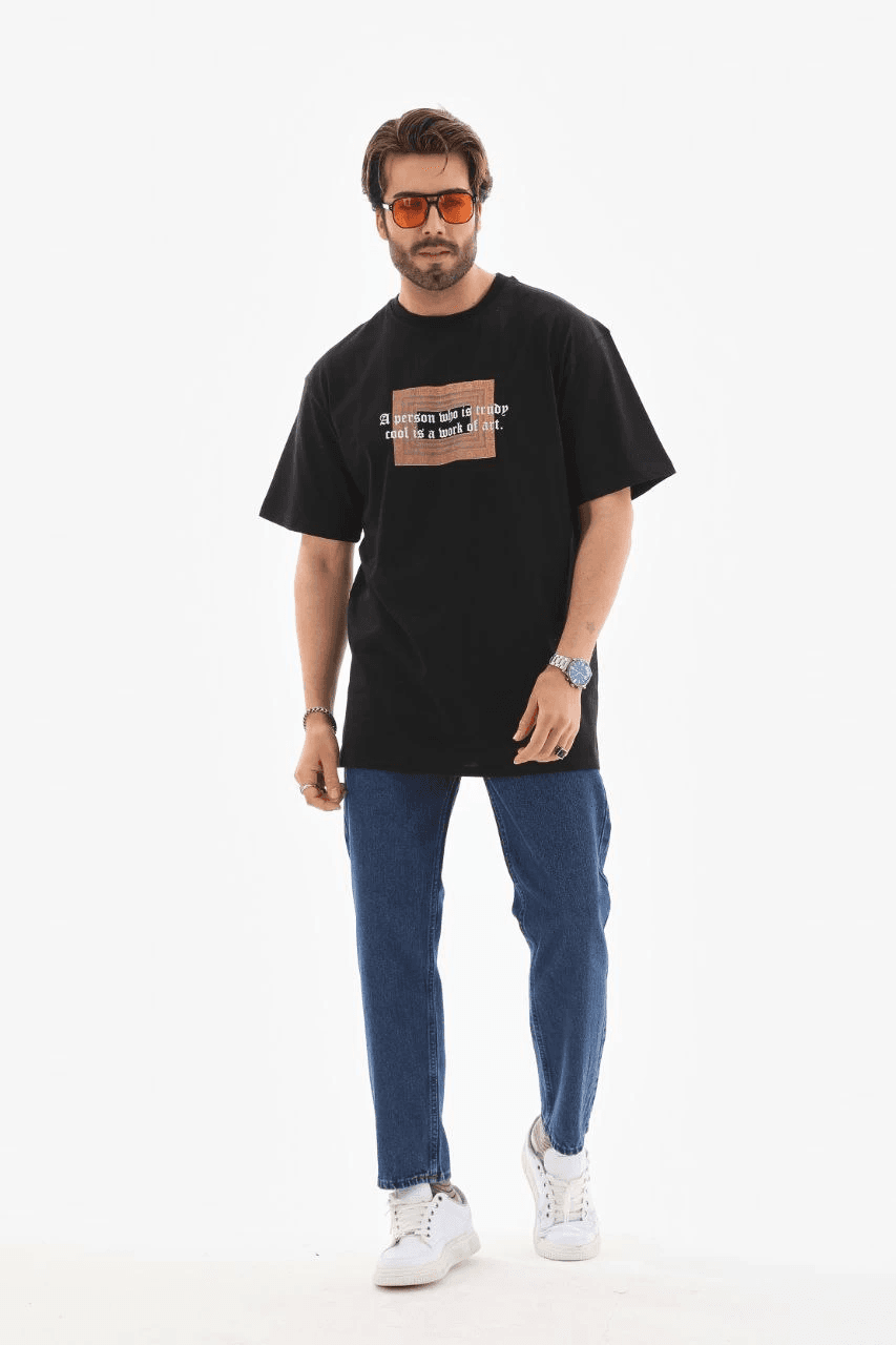 Erkek Baskılı T-Shirt Kısa Kol Bisiklet Yaka Regular Fit Rahat Kalıp Tişört - Siyah