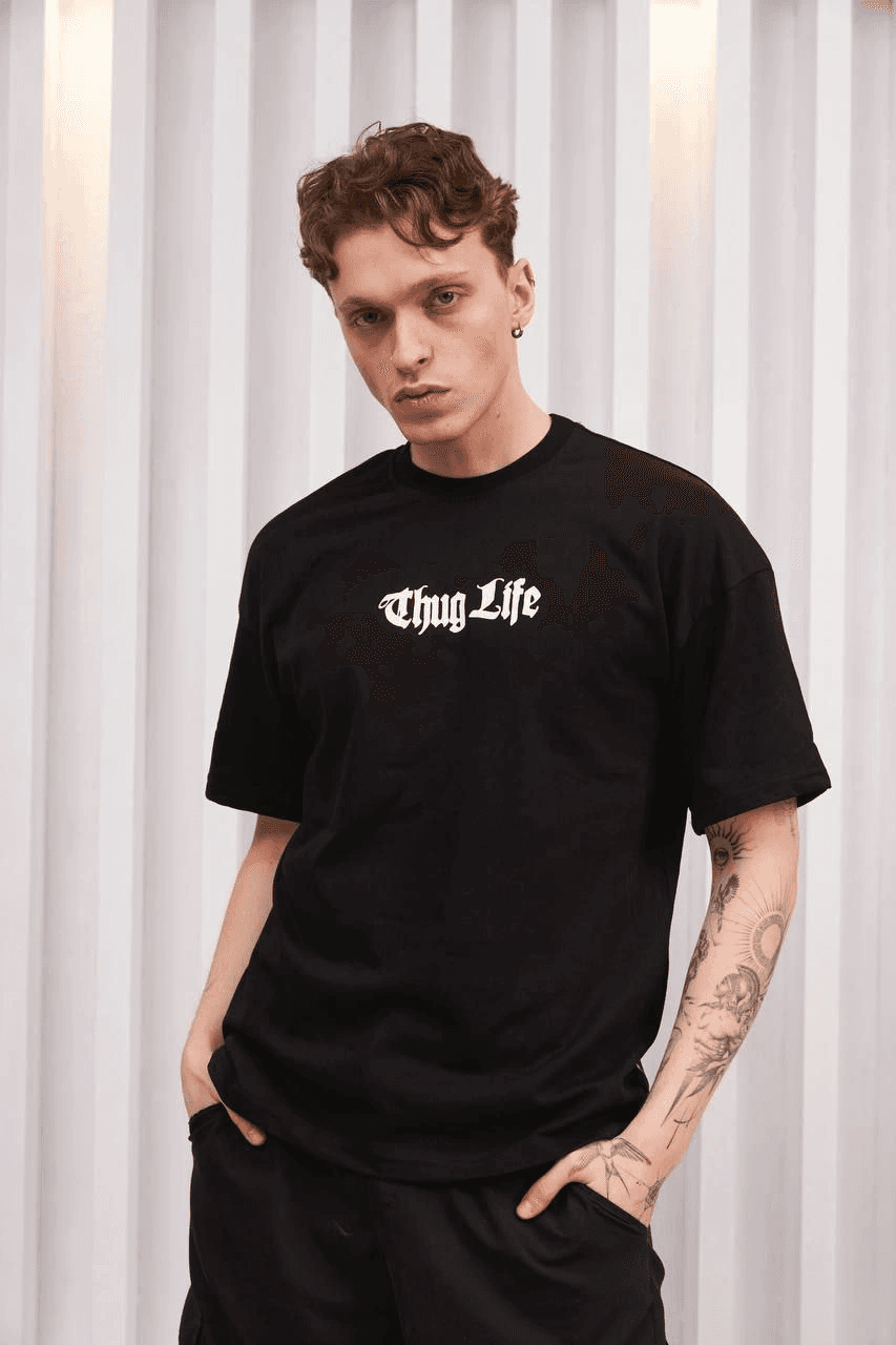 Erkek Bisiklet Yaka Baskılı Kısa kol Oversize T-Shirt - Siyah