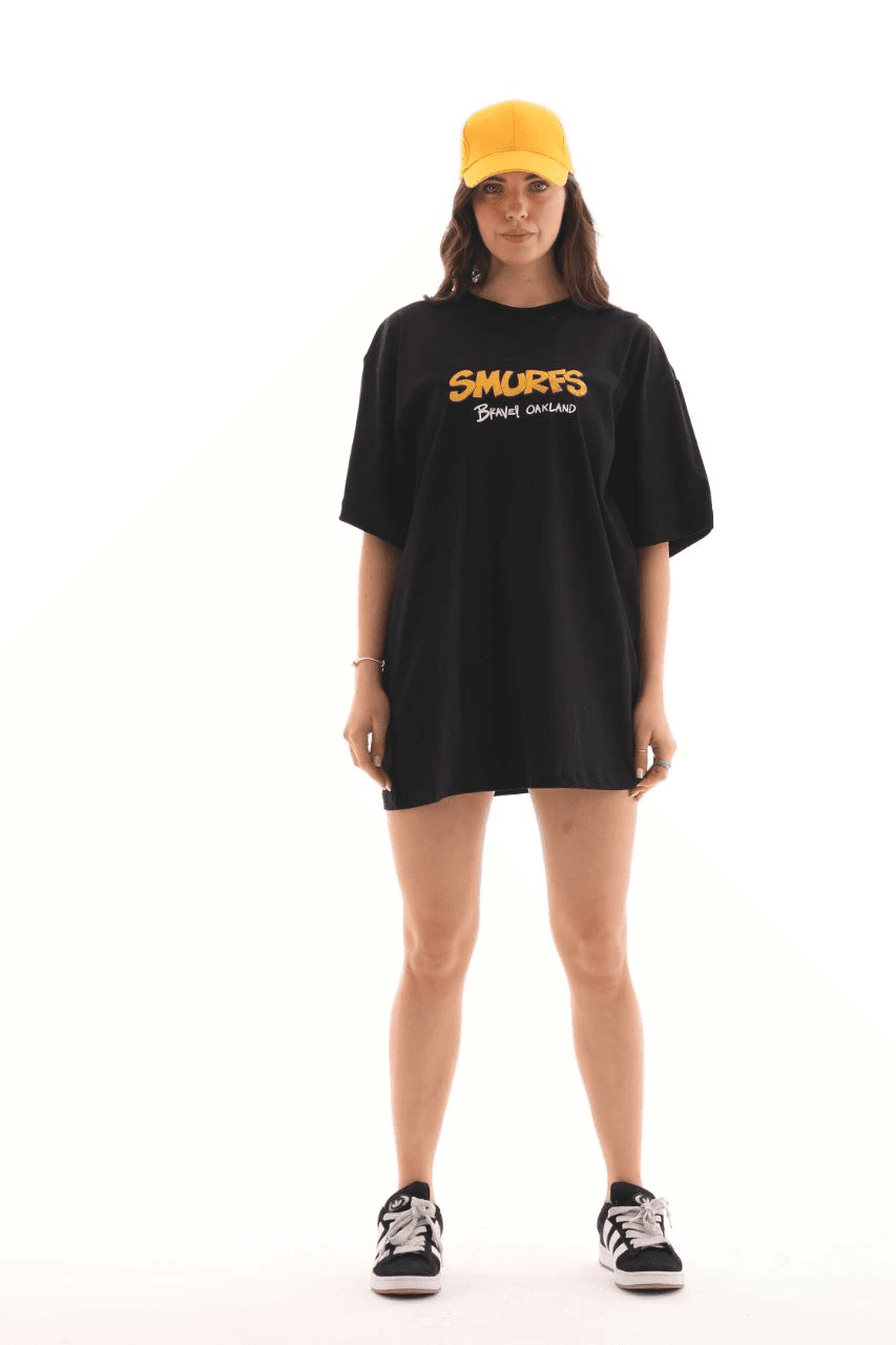 Kadın Kısa Kol Yazlık Tişört Bisiklet Yaka Baskılı Oversize T-Shirt - Siyah