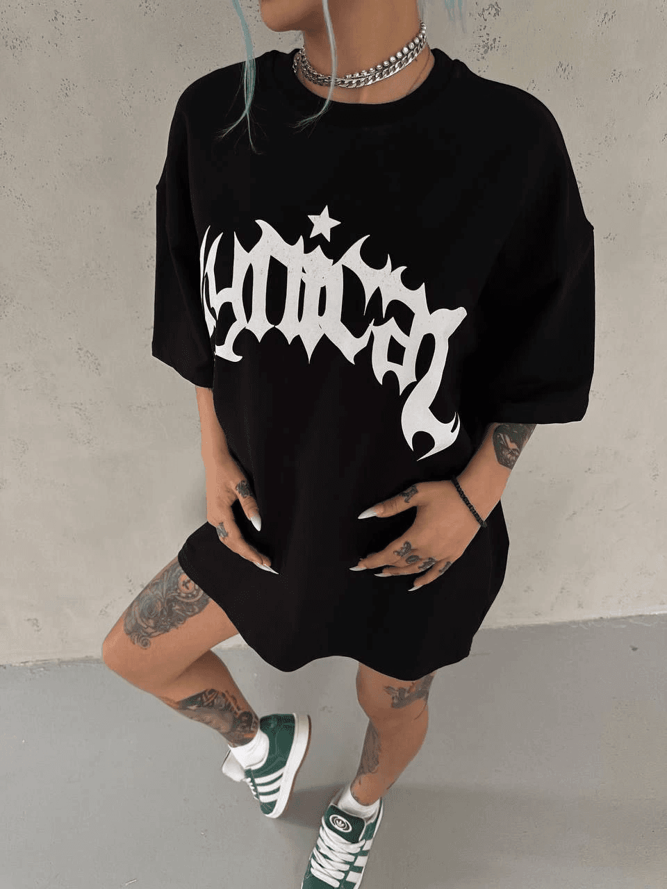 kadın Bisiklet Yaka Baskılı Oversize Kısa kol T-Shirt - Siyah — görsel 1 / 3