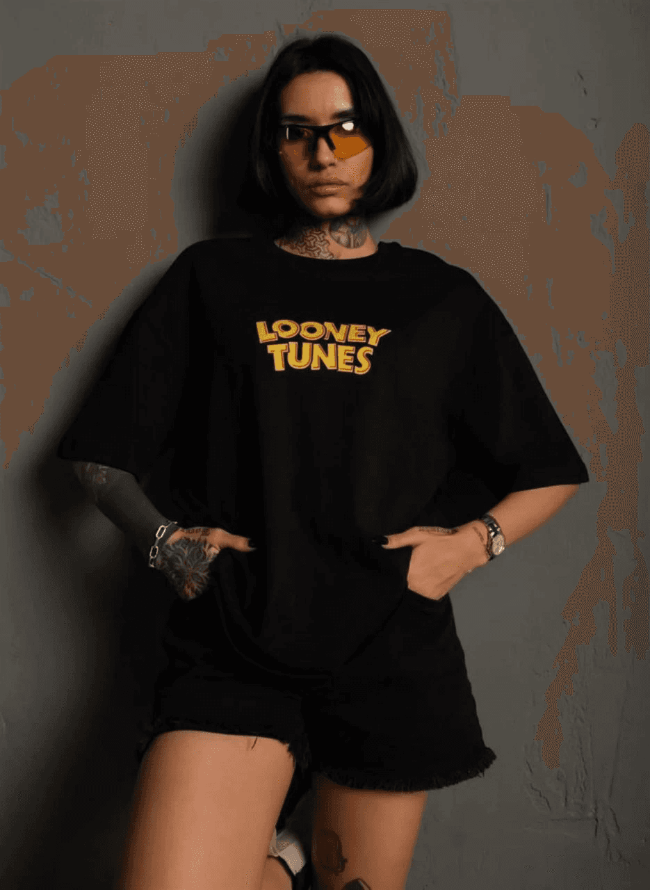 kadın Bisiklet Yaka Baskılı Oversize Kısa kol T-Shirt - Siyah
