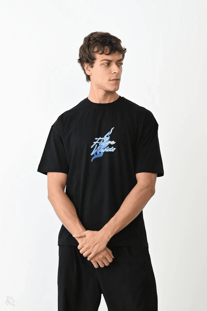 Erkek Kısa Kol Yazlık Tişört Bisiklet Yaka Baskılı Oversize T-Shirt - Siyah — görsel 1 / 3