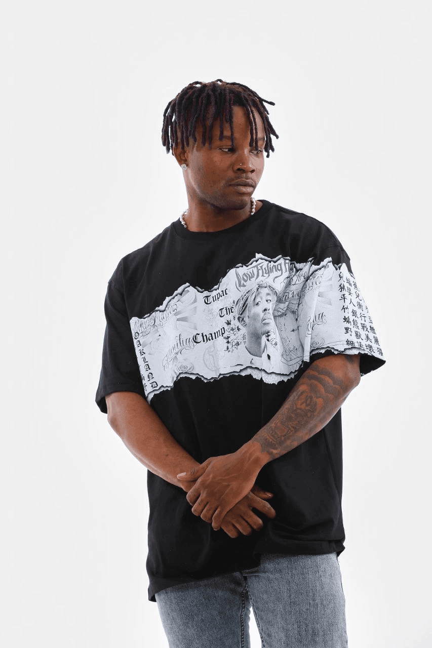 Erkek Bisiklet Yaka Baskılı Oversize T-Shirt - Siyah — görsel 1 / 8