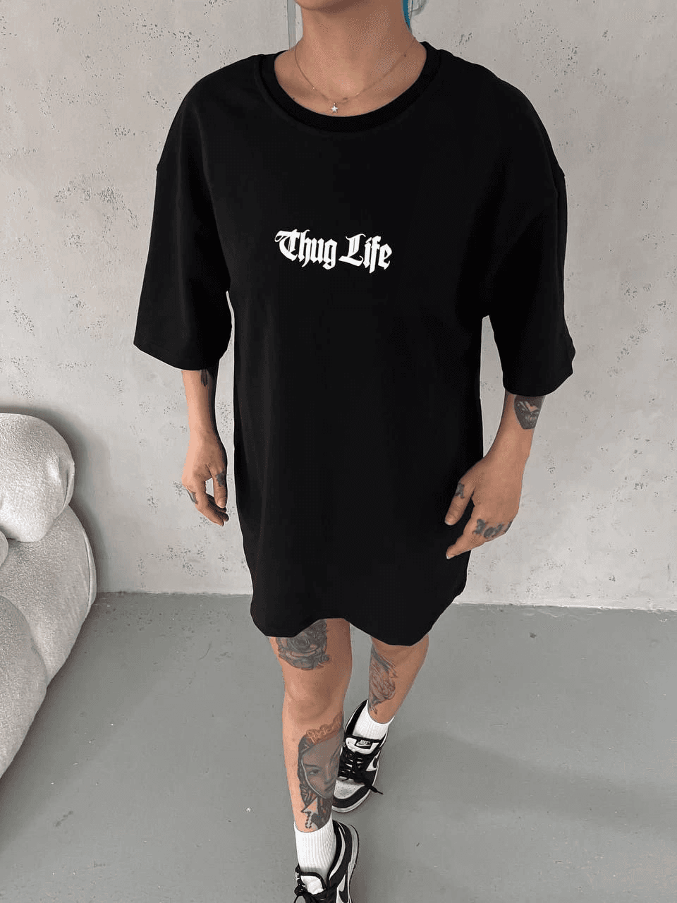 Kadın Kısa Kol Yazlık Tişört Bisiklet Yaka Baskılı Oversize T-Shirt - Siyah
