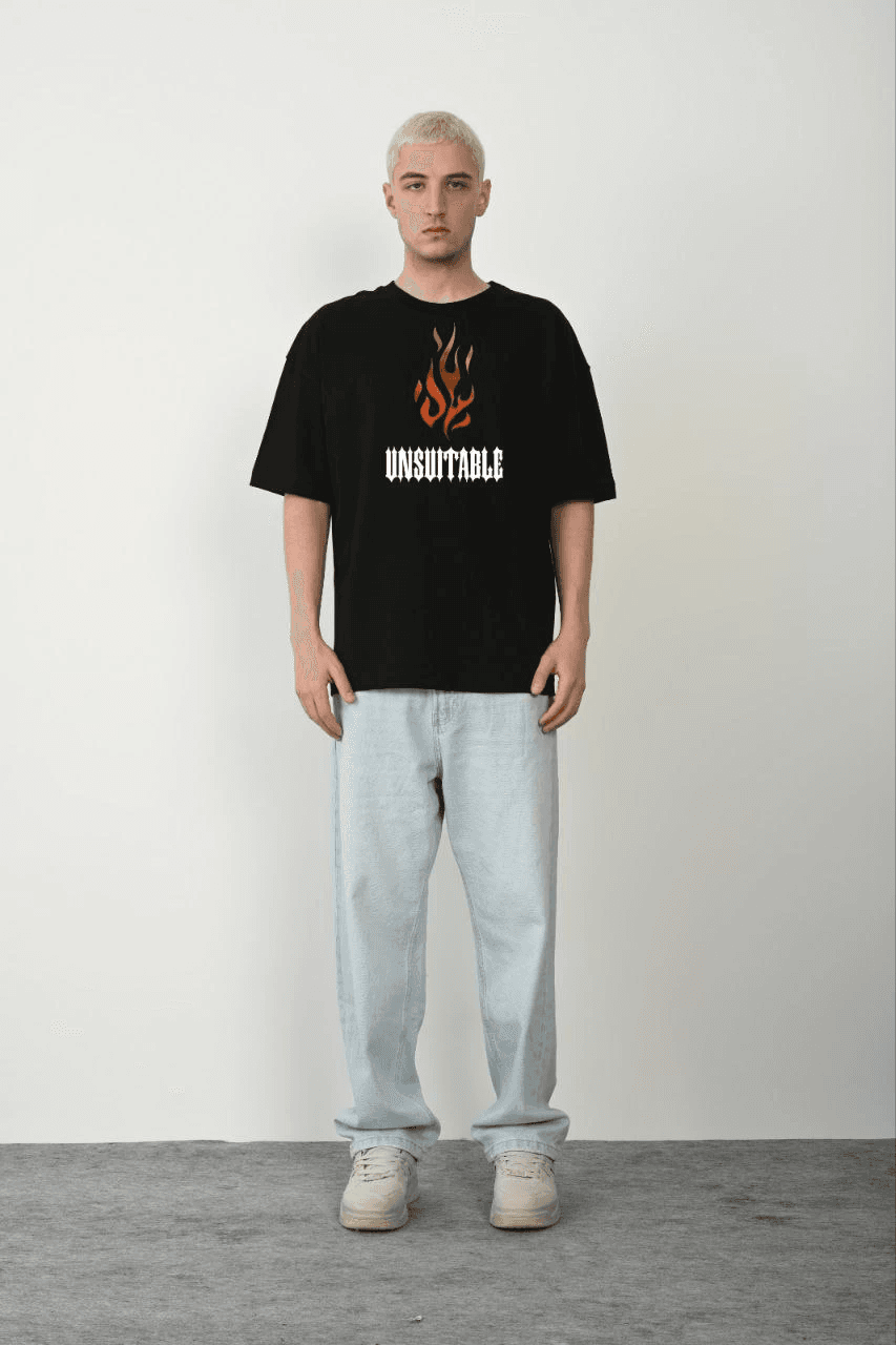 Erkek Baskılı T-Shirt Kısa Kol Bisiklet Yaka Regular Fit Rahat Kalıp Günlük Tişört - Siyah