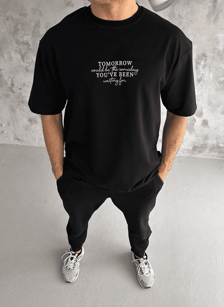 Erkek Kısa Kol Yazlık Tişört Bisiklet Yaka Baskılı Oversize T-Shirt - Siyah