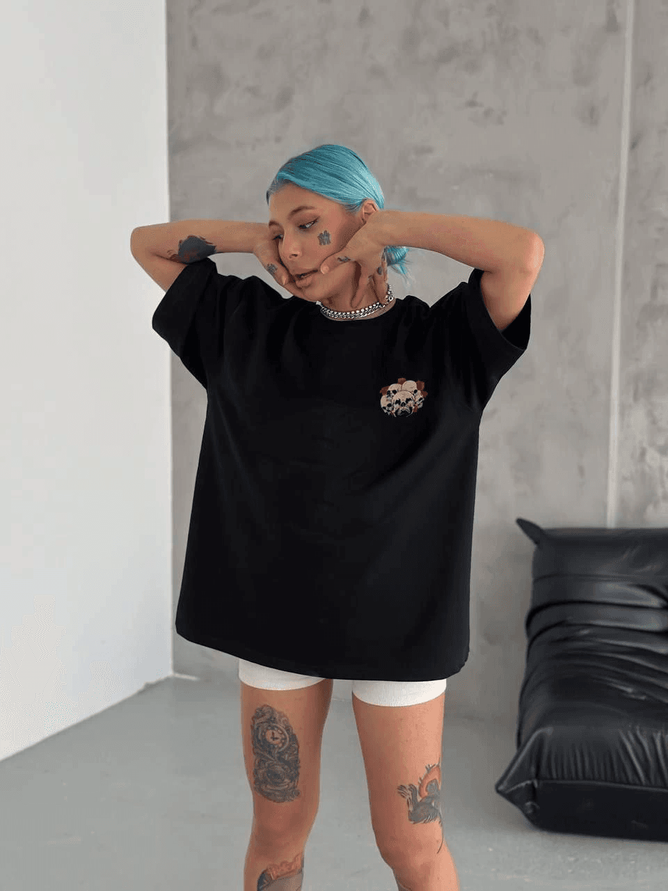 Kadın Baskılı T-Shirt Kısa Kol Bisiklet Yaka Oversize Rahat Kalıp Günlük Tişört - Siyah