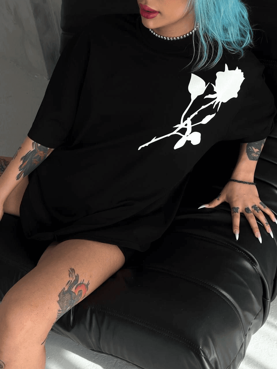 kadın Bisiklet Yaka Baskılı Oversize Kısa kol T-Shirt - Siyah — görsel 1 / 3