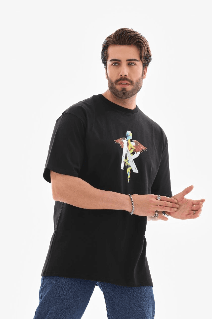 Erkek Baskılı T-Shirt Kısa Kol Bisiklet Yaka Regular Fit Rahat Kalıp Tişört - Siyah — görsel 1 / 8
