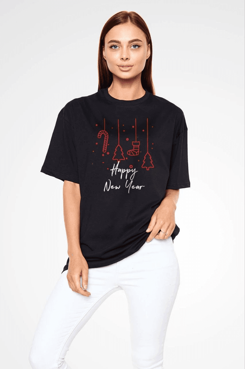 kadın Bisiklet Yaka Kısa kol Baskılı Oversize T-Shirt - Siyah