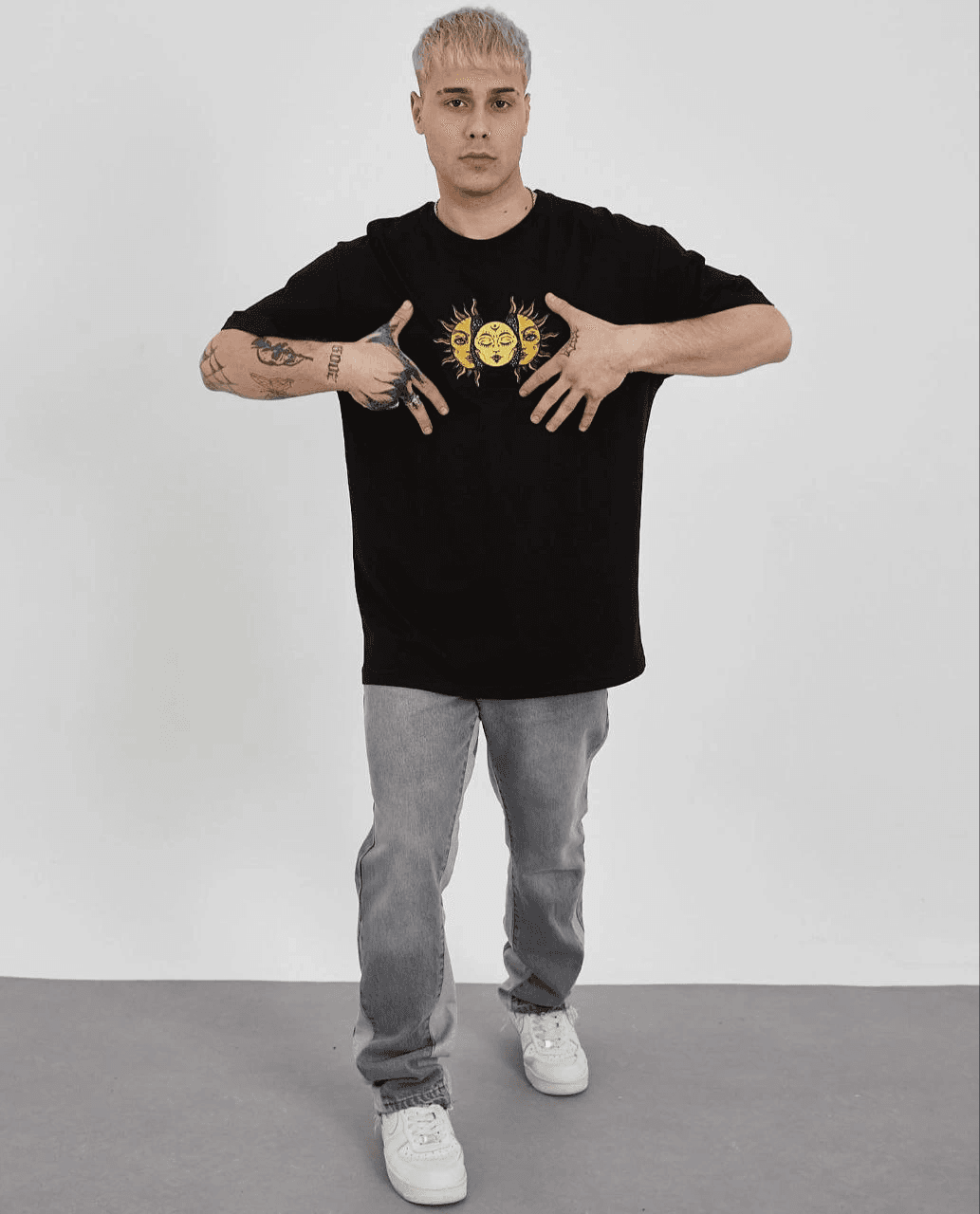 Erkek Kısa Kol Yazlık Tişört Bisiklet Yaka Baskılı Oversize T-Shirt - Siyah