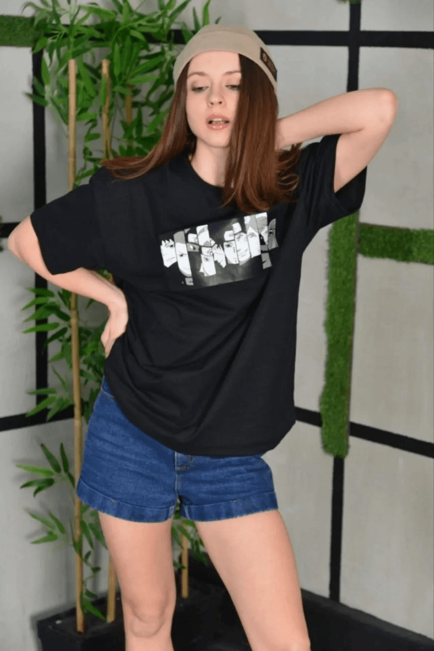Kadın Bisiklet Yaka Baskılı Kısa kol Oversize T-Shirt - Siyah — görsel 1 / 4
