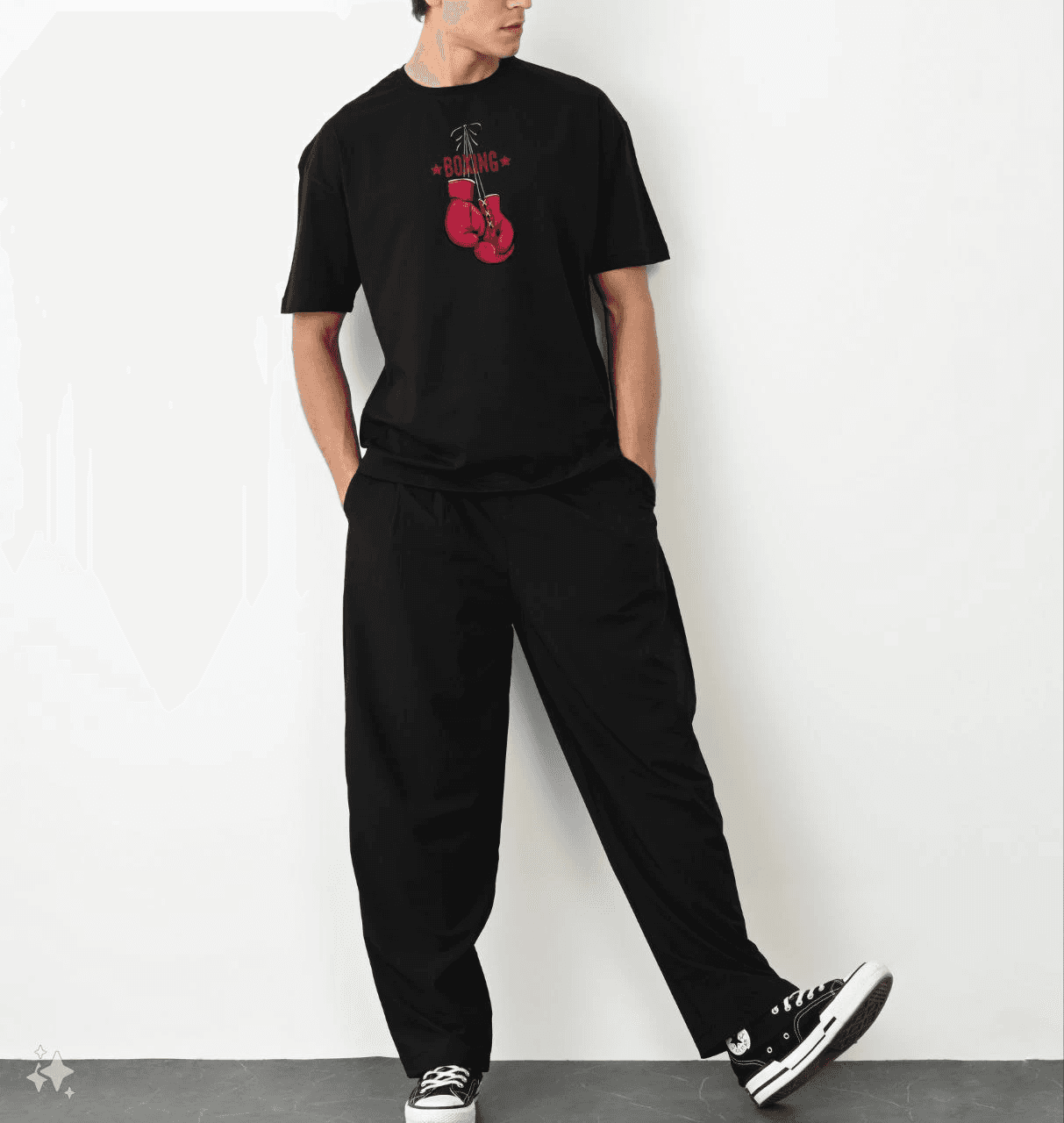 Erkek Boks Eldiven Baskılı T-Shirt Kısa Kol Bisiklet Yaka Regular Tişört - Siyah