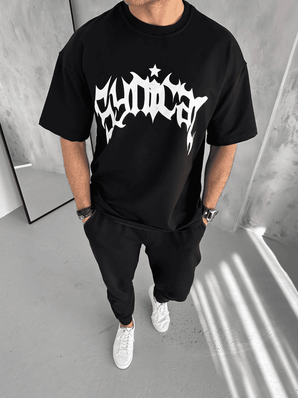 Erkek Tişört Bisiklet Yaka Baskılı Oversize Kısa kol T-Shirt - Siyah