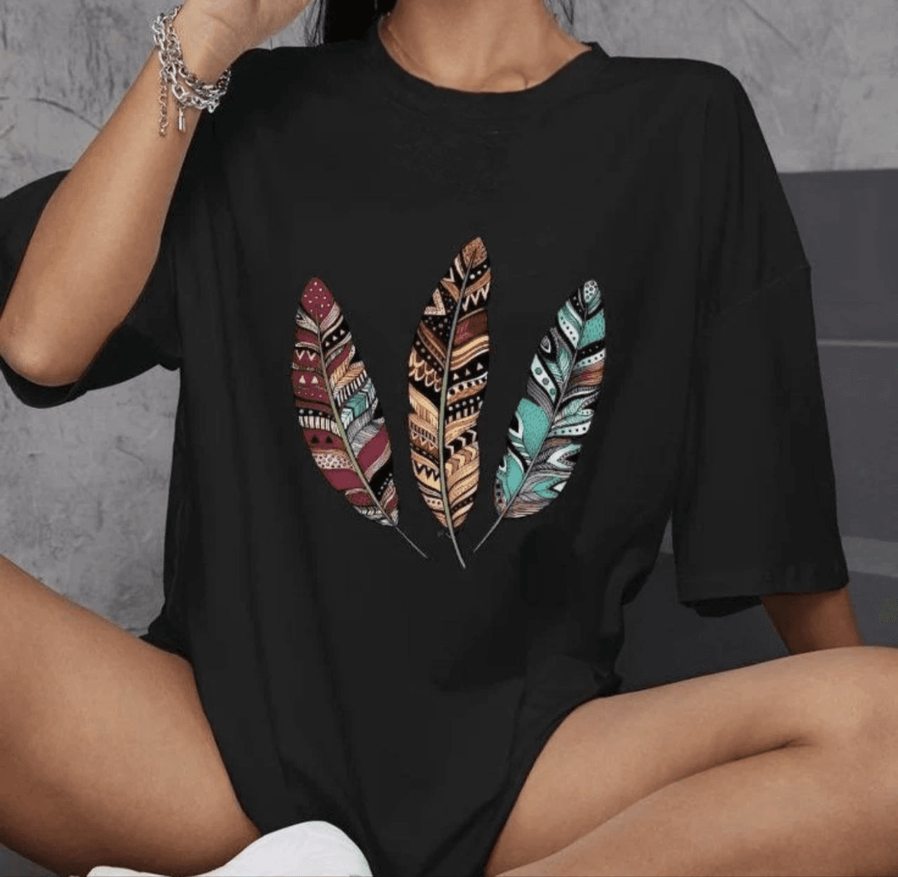 Kadın Baskılı T-Shirt Kısa Kol Bisiklet Yaka Oversize Rahat Kalıp Günlük Tişört - Siyah
