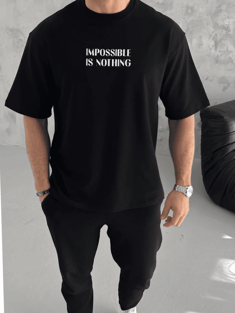 Erkek Tişört Bisiklet Yaka Baskılı Oversize Kısa kol T-Shirt - Siyah