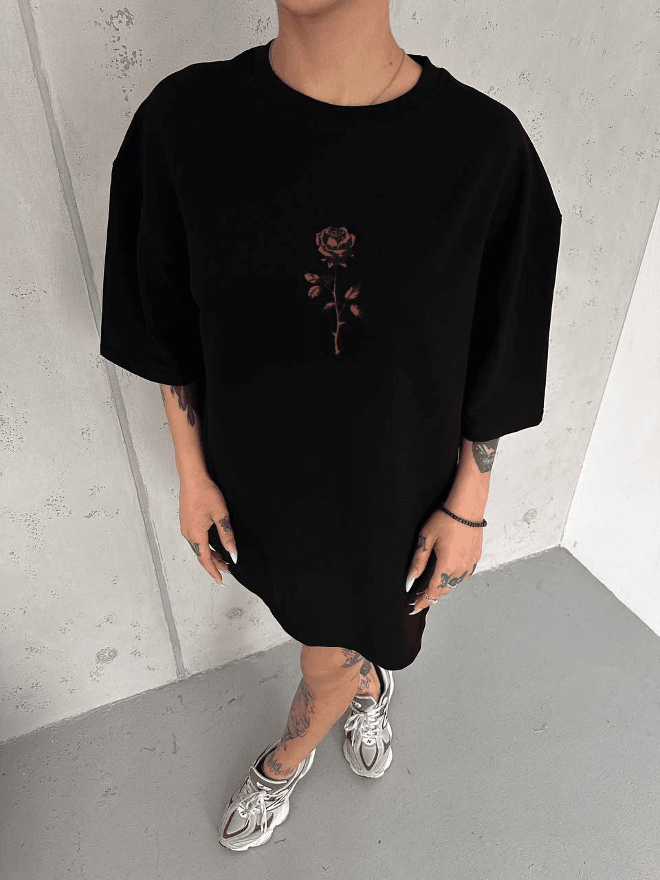 kadın Bisiklet Yaka Baskılı Oversize Kısa kol T-Shirt - Siyah — görsel 1 / 2