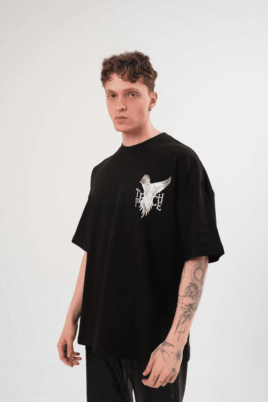 Erkek Kısa Kol Yazlık Tişört Bisiklet Yaka Baskılı Oversize T-Shirt - Siyah — görsel 1 / 2